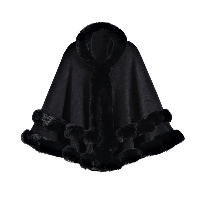 Oversized Knitted Cape Outer Shawl Artificial Fur Collar Hooded Warm Jacket - Allen-Fitness