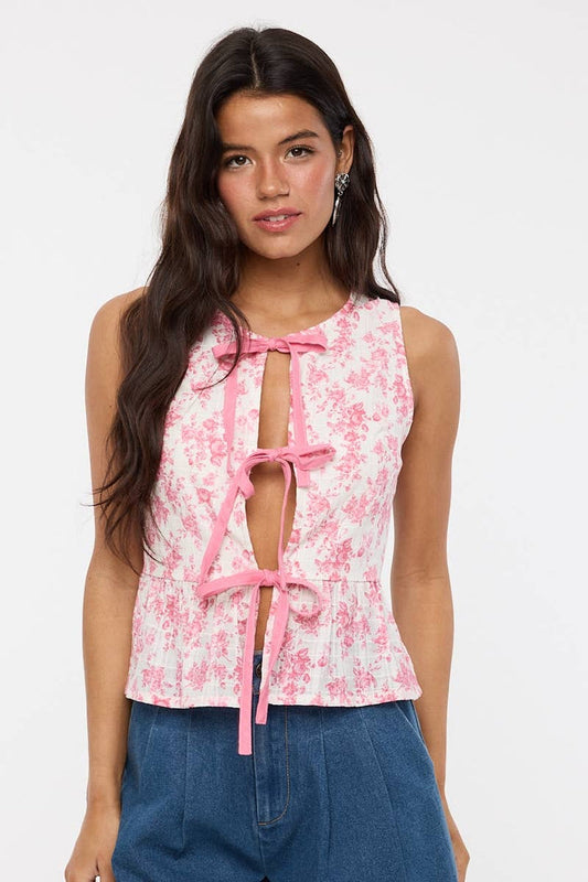 PALE FLORAL PRINT TRIPE TIES VEST STYLE TOP