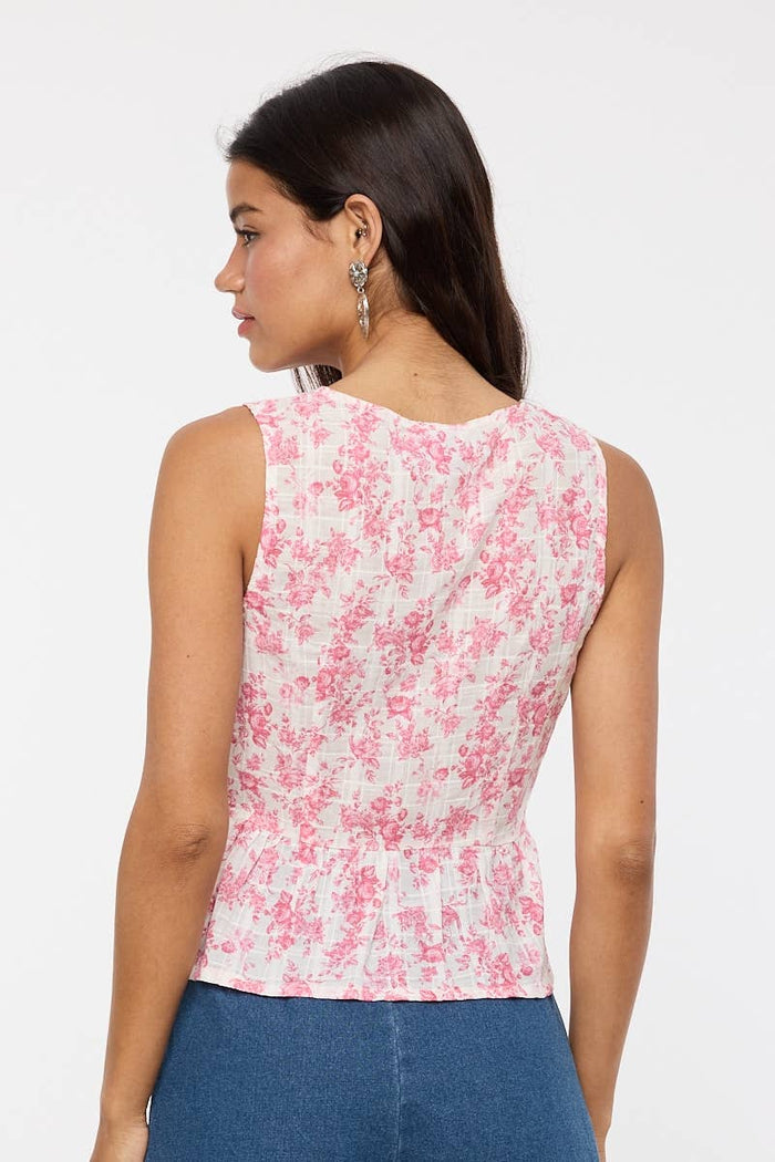 PALE FLORAL PRINT TRIPE TIES VEST STYLE TOP