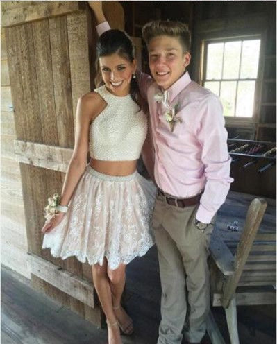 Pearls Ivory Lace Nude Lining Homecoming Dress 2020