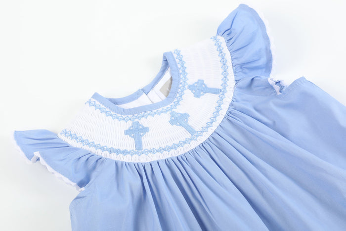 Periwinkle Blue Crosses Smocked Dress and Bloomers Set - Lil Cactus