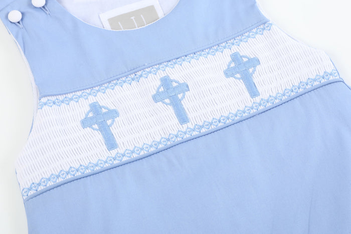 Periwinkle Blue Crosses Smocked Shortalls - Lil Cactus