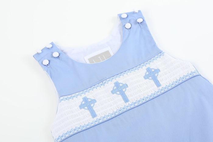 Periwinkle Blue Crosses Smocked Shortalls - Lil Cactus