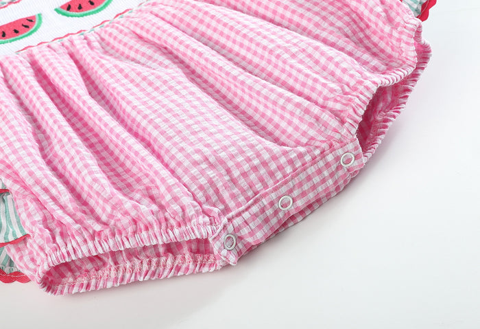 Pink and Green Watermelon Smocked Bubble Ruffle Romper - Lil Cactus