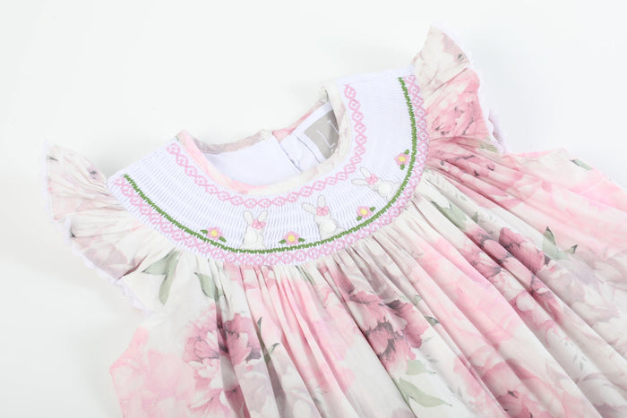 Pink and White Peony Bunny Smocked Bishop Dress - Lil Cactus