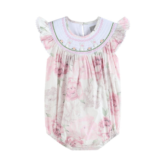 Pink and White Peony Bunny Smocked Flutter Romper - Lil Cactus