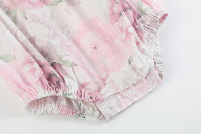 Pink and White Peony Bunny Smocked Flutter Romper - Lil Cactus