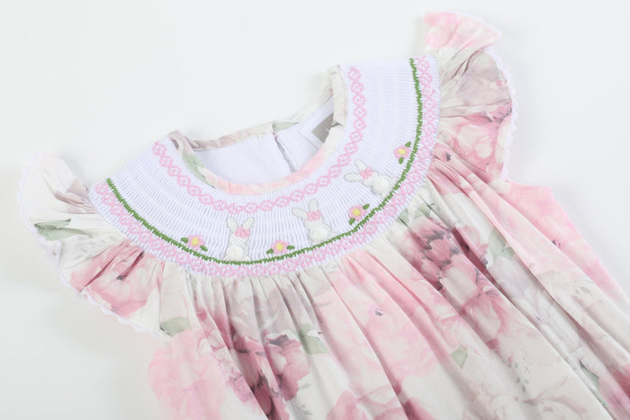 Pink and White Peony Bunny Smocked Flutter Romper - Lil Cactus