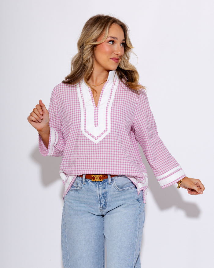 Pink Gingham 3/4 Sleeve Contrast Top