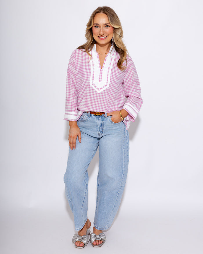 Pink Gingham 3/4 Sleeve Contrast Top