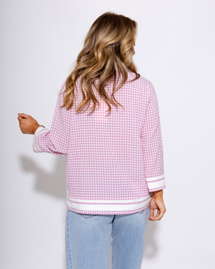 Pink Gingham 3/4 Sleeve Contrast Top
