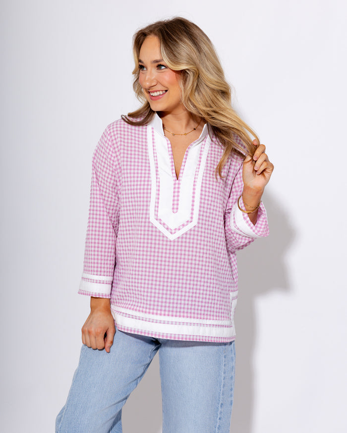 Pink Gingham 3/4 Sleeve Contrast Top