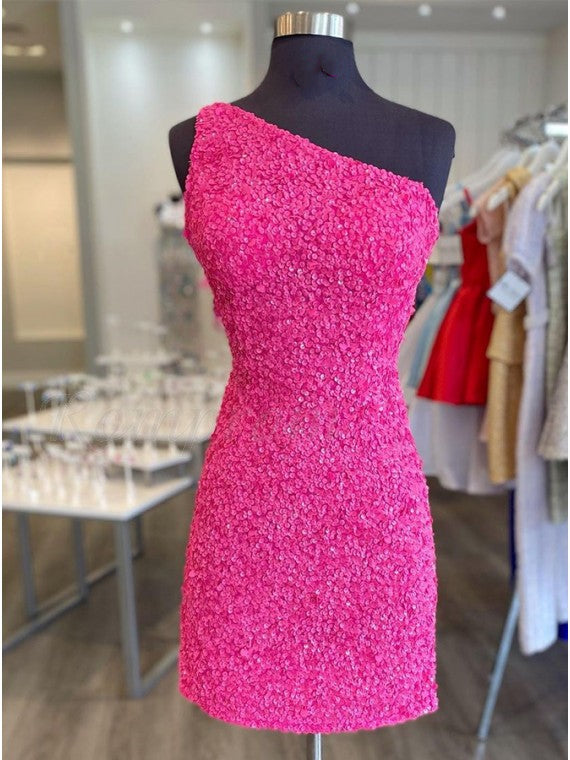 Pink Homecoming Dress 2022 Bodycon Short One Shoulder Sleeveless  Corset Back with Sequin