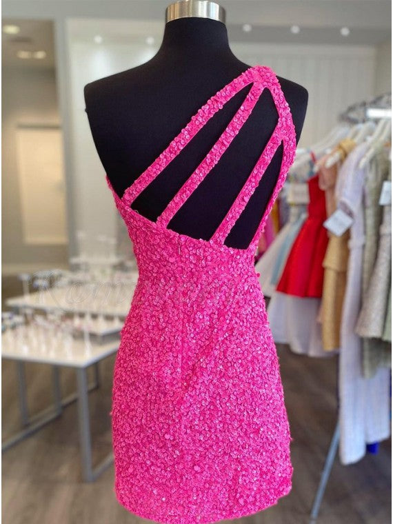 Pink Homecoming Dress 2022 Bodycon Short One Shoulder Sleeveless  Corset Back with Sequin