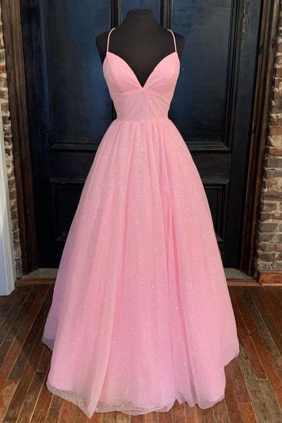 Pink Prom Dress 2023 A-line V Neck Spaghetti Straps Sequined Tulle with Pleats