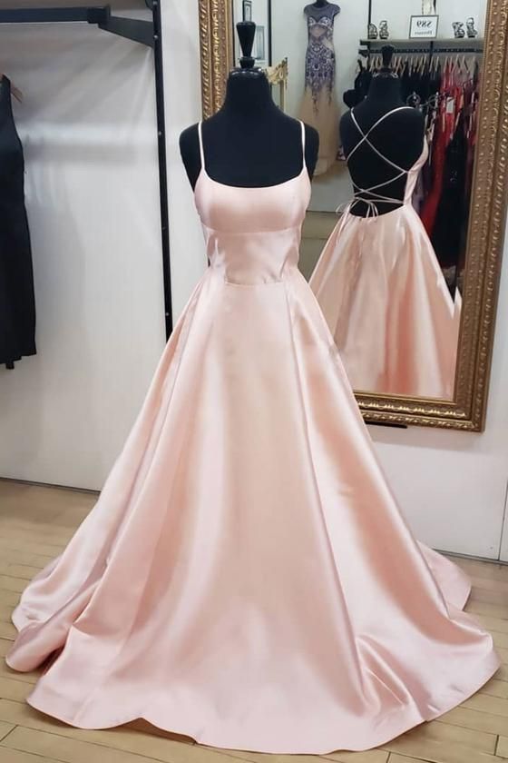 Pink Prom Dress 2023 Elegant A-line Boat Neck Spaghetti Straps Lace up Satin with Pleats