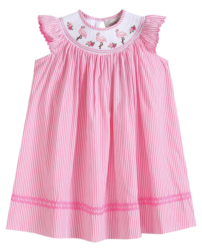 Pink Striped Flamingo Smocked Bishop Dress - Lil Cactus