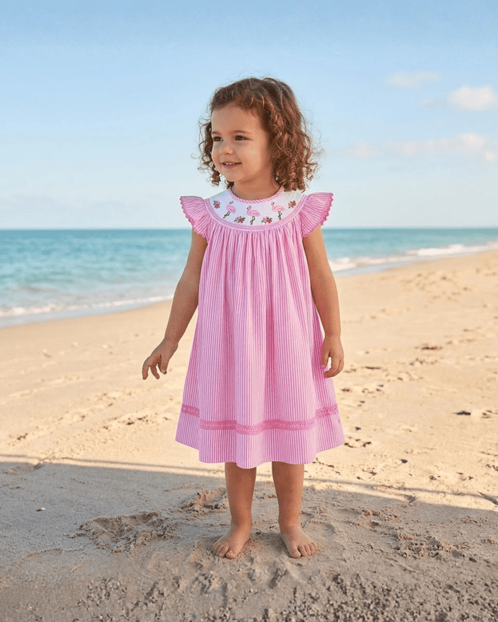 Pink Striped Flamingo Smocked Bishop Dress - Lil Cactus