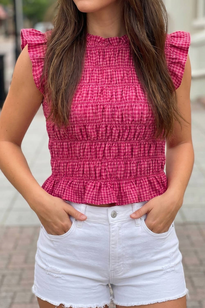 Plaid Shirred Ruffle Trim Tank Top