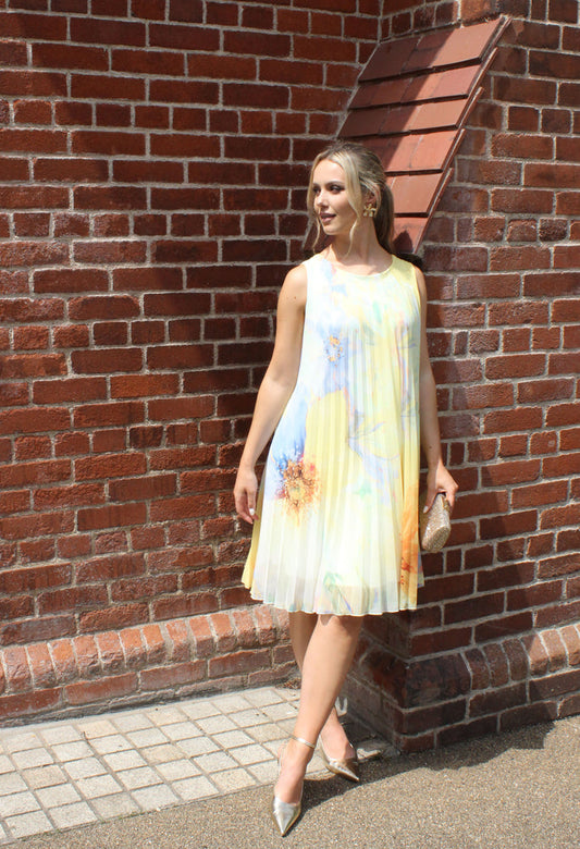 Plisse Pleated Floral Short Dress