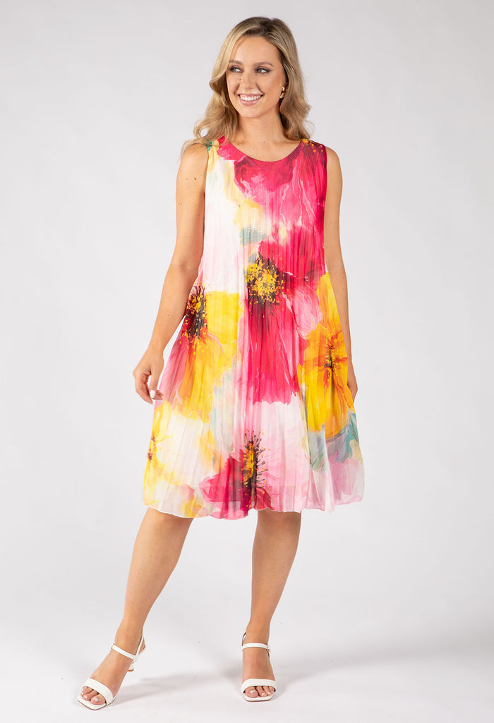 Plisse Pleated Floral Short Dress