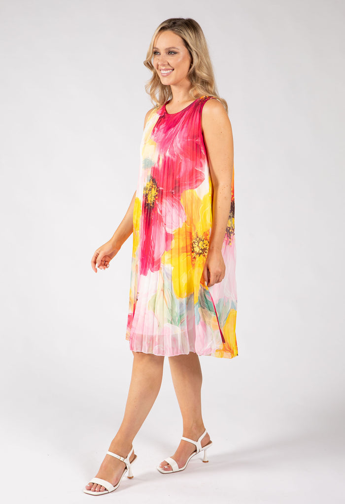 Plisse Pleated Floral Short Dress