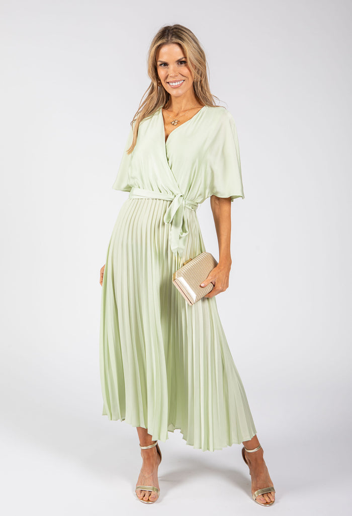 mint green silky dress with pleats