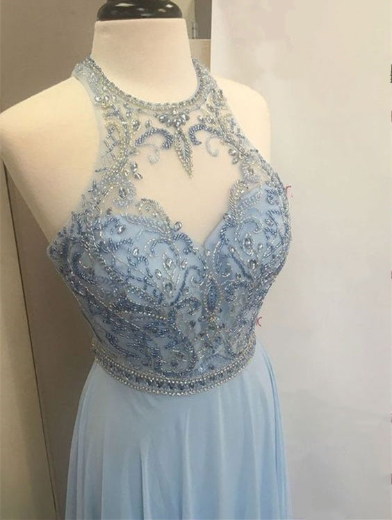 Pockets Prom Dress 2021 Beaded Chiffon Maxi Evening Dress