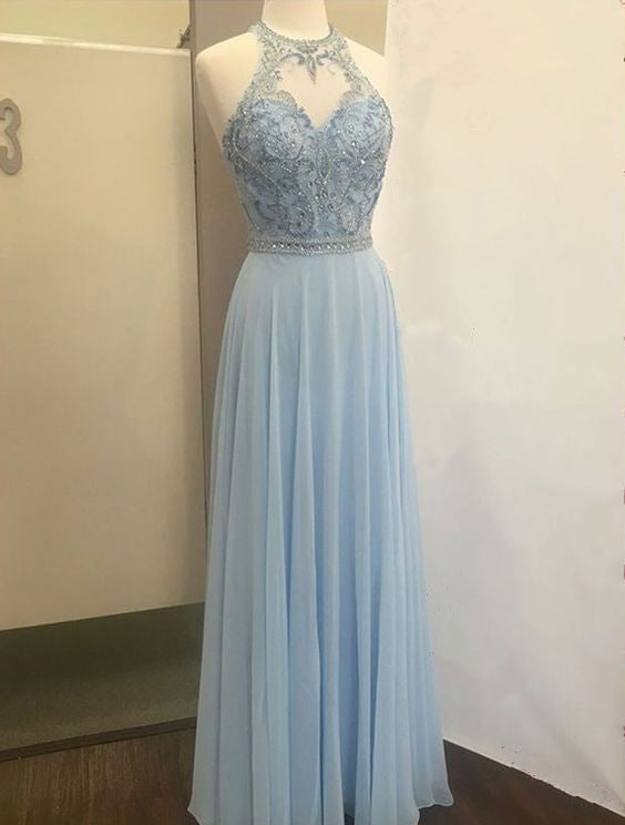 Pockets Prom Dress 2021 Beaded Chiffon Maxi Evening Dress