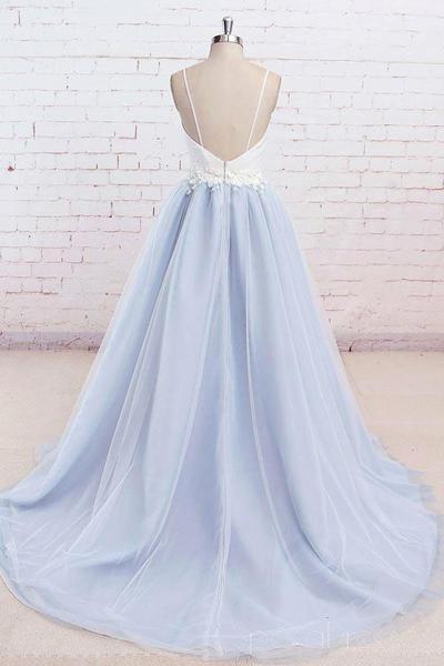 Pockets Prom Dress 2021 Ivory Satin Blue Tulle Maxi Evening Dress with Floral Appliques
