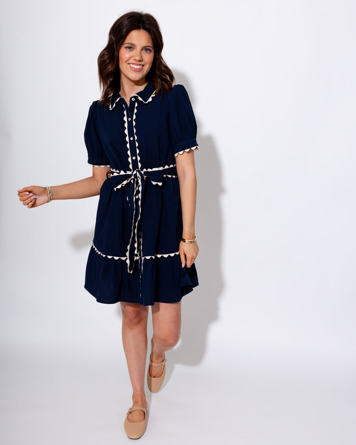 Polished Puff Sleeve Scallop Trim Dress