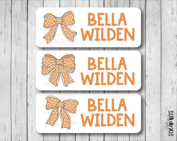 Polka Dot Coquette Orange Bows Name Labels . Personalized Belonging Labels - Scrap Bits
