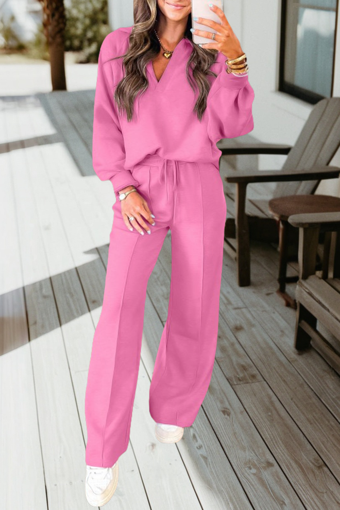 Polo Collar V Neck Pullover and Drawstring Sweatpants Set