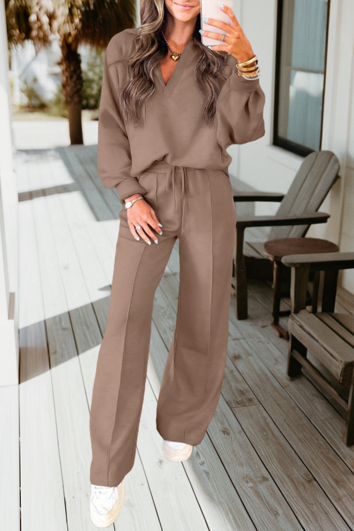 Polo Collar V Neck Pullover and Drawstring Sweatpants Set