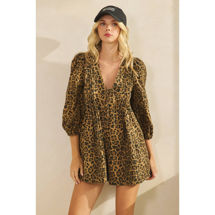 Printed Pleated Long Sleeve Denim Romper