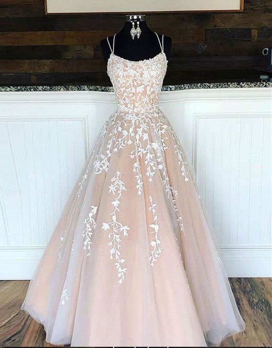 Prom Dress 2023 Elegant A-line Spaghetti Straps Crisscross Back Tulle with Appliques