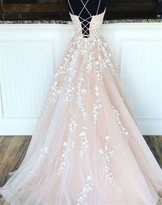 Prom Dress 2023 Elegant A-line Spaghetti Straps Crisscross Back Tulle with Appliques