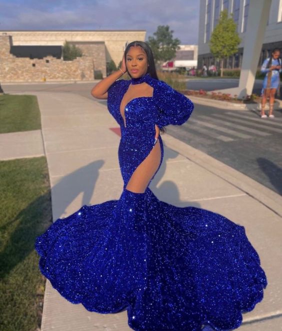 Prom Dress 2023 Ideas Mermaid/Trumpet Halter Neck Puff Balloon Sleeves Sequin Sparkle&Shine