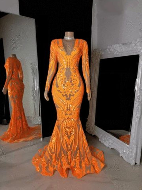 Prom Dress 2023 Ideas Mermaid/Trumpet V Neck Long Sleeves Lace See-Through