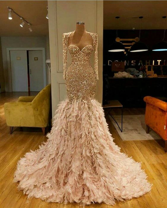 Prom Dress 2023 Luxurious Mermaid/Trumpet V Neck Long Sleeves Sequin with Feathers