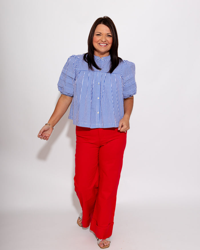 Puff Sleeve Button-Up Top in Blue