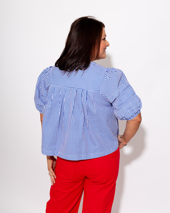 Puff Sleeve Button-Up Top in Blue