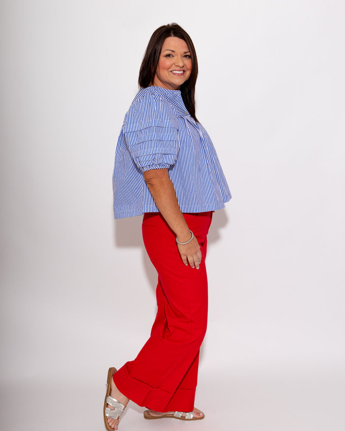 Puff Sleeve Button-Up Top in Blue