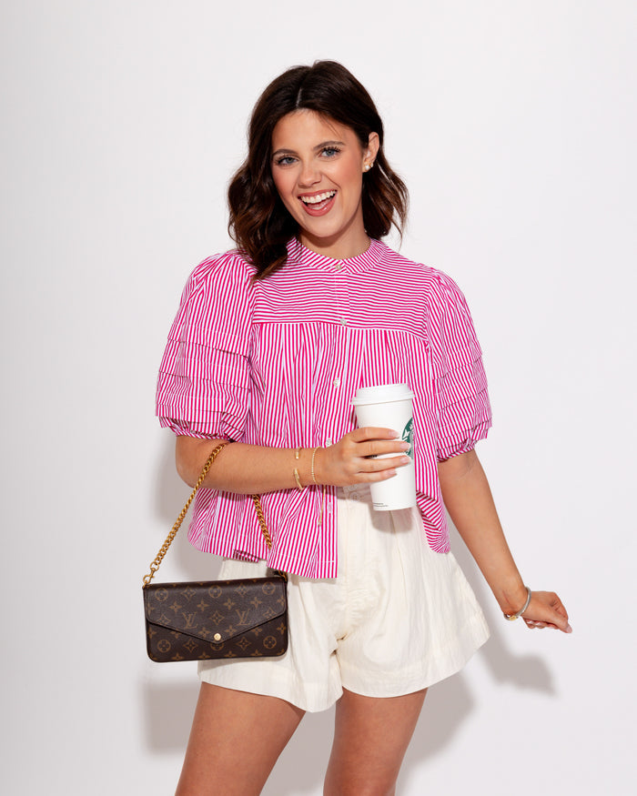 Puff Sleeve Button-Up Top in Hot Pink