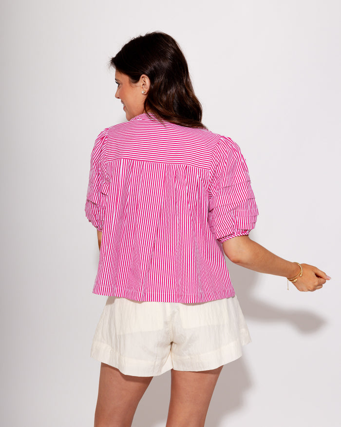 Puff Sleeve Button-Up Top in Hot Pink