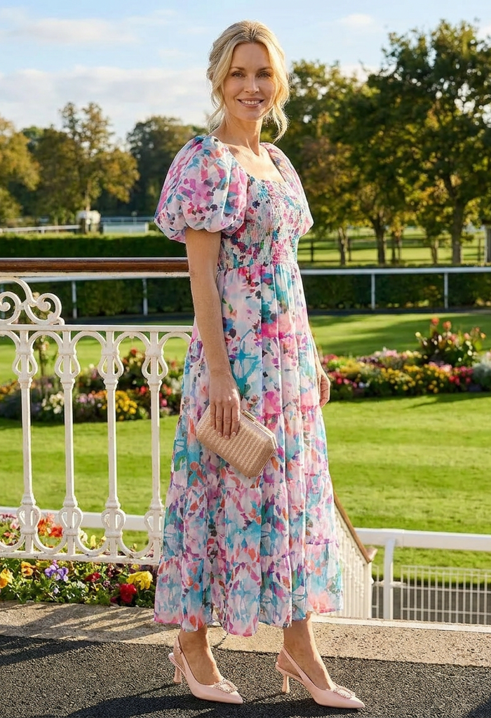 Puff Sleeve Floral Midi Dress