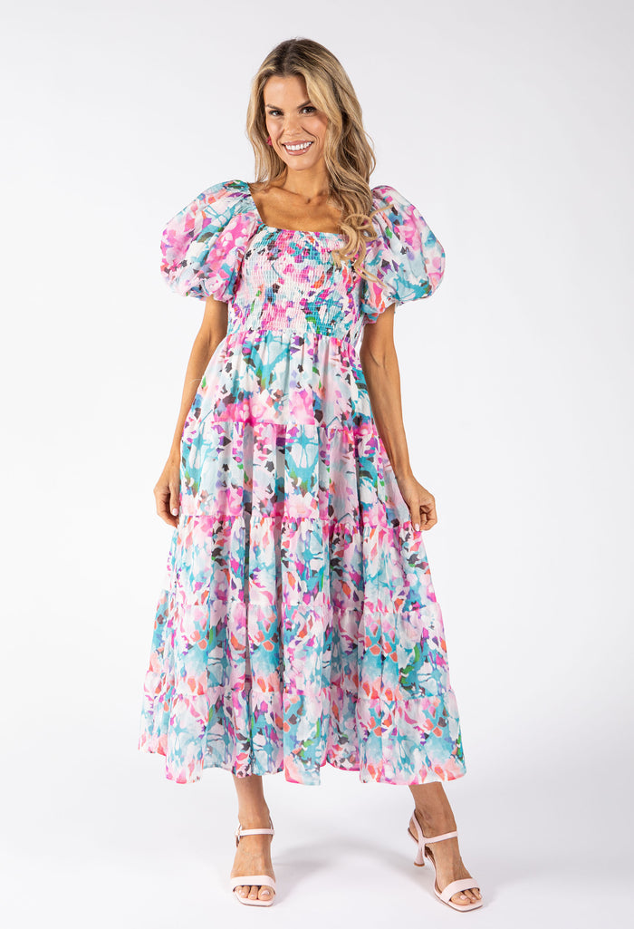 Puff Sleeve Floral Midi Dress