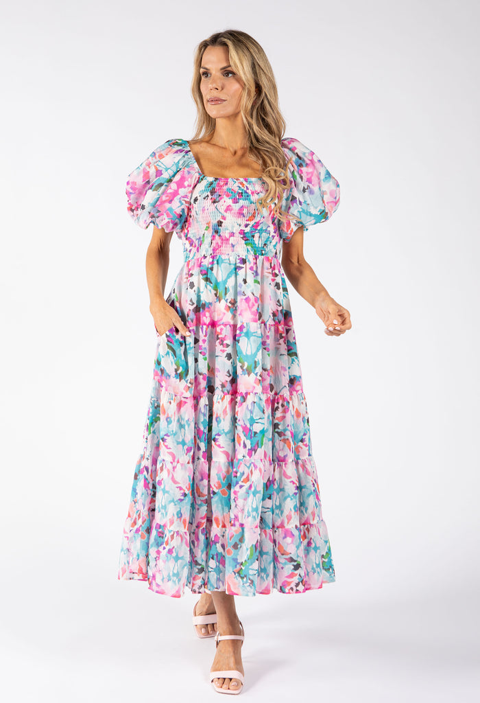 Puff Sleeve Floral Midi Dress