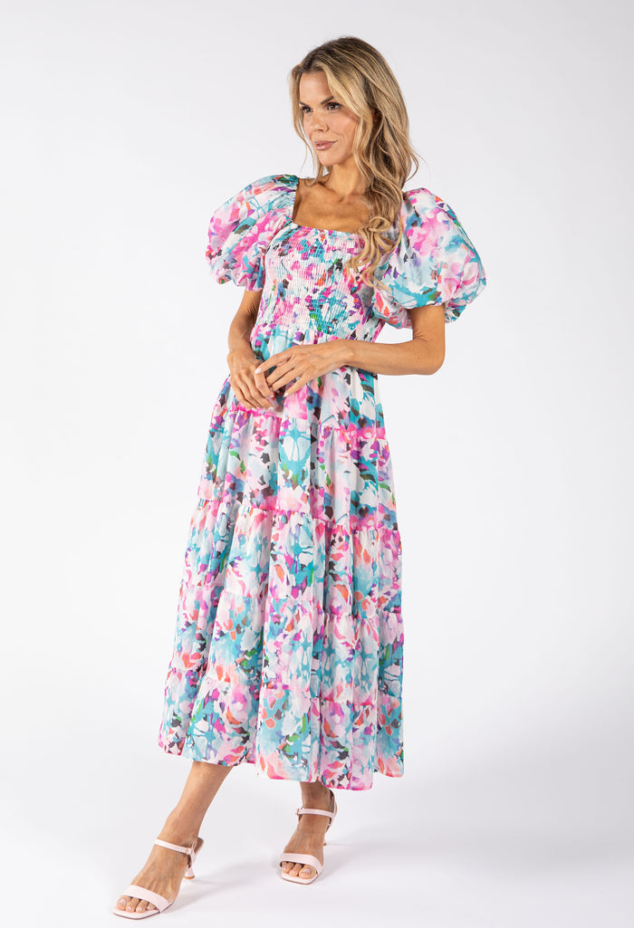 Puff Sleeve Floral Midi Dress