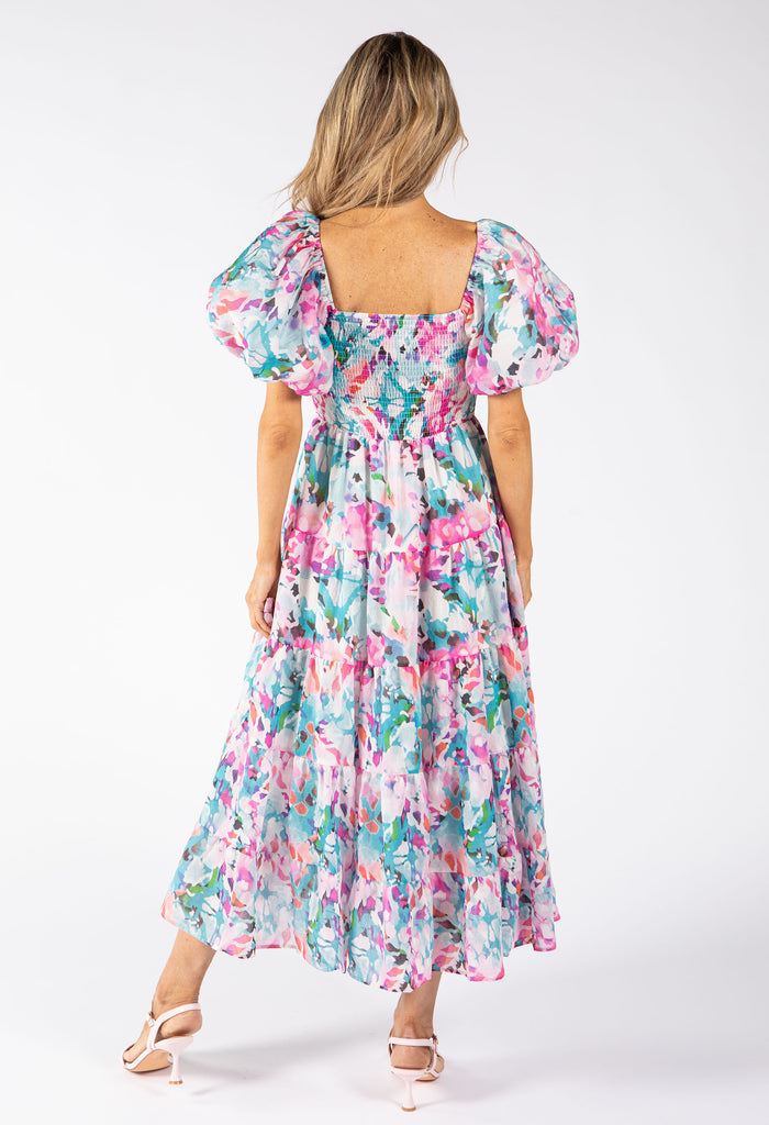 Puff Sleeve Floral Midi Dress